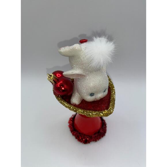 Vintage Tumbling Bunny Red Ceramic Pedestal Heart Dish Gold Valentines Day OOAK - Picture 13 of 16